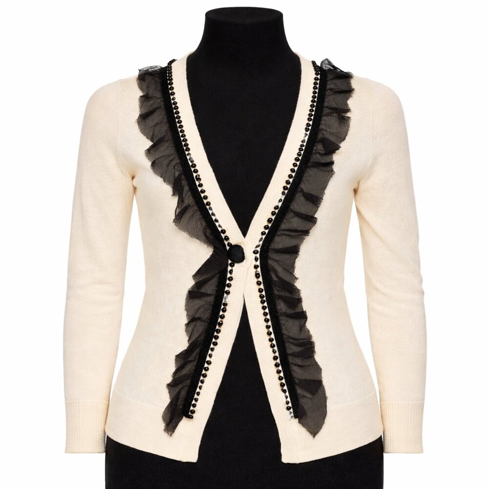 Nanette Lepore Cream Cardigan with Black Ruffle Trim
